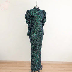 Elegant High Neck Long Puff Sleeves Mermaid Velvet Sequin Wedding Prom Evening Party Gowns