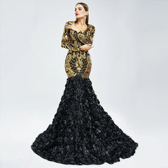 V Neck Long Sleeves Black Girl 3D Lace Evening Dress