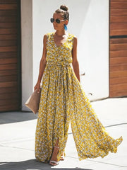 Floral Sleeveless V Neck Split Maxi Dresses