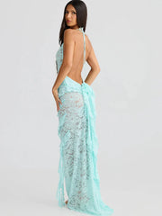 Elegant Backless Sheer Lace Halter Spaghetti Strap Ribbon Dress