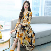 Casual V Neck Long Sleeve Midi Dress