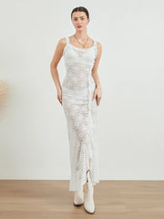 Sleeveless Backless Tie-up Ruffled See-through Lace Long Slit Dress
