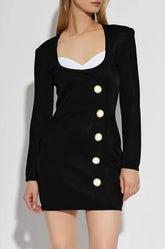 Patchwork U Neck Long Sleeves Retro Button Decoration Party Evening Bodycon Bandage Mini Dresses