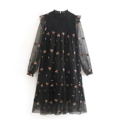 Elegant Lace Embroidery Sweet Ruffles Transparent Short Dress