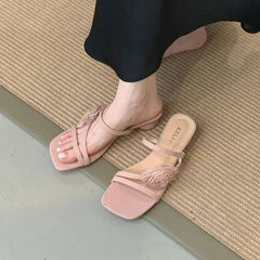 Elegant Bow Design Brand Slippers Square Toe Narrow Band Slide Sandals Open Toe Beach Sandals Sandalias Mujer