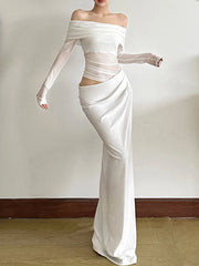 Elegant Slash Neck Ruched Strapless Patchwork Fit Chic Birthday Party Maxi Dress