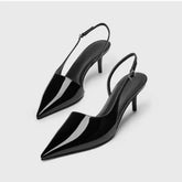 Black High-heeled Sandals with Pointed Tips and Elegant Patent Leather Strappy Fashionable Party Shoes