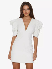Elegant Puff Sleeve V-neck Open Back Bodycon Mini Dress