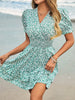 Casual V-neck Ruffled Edge Small Floral Pleated Ruffled Waist Mini Dress