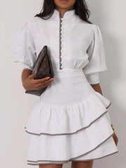 Casual Turtleneck Patchwork Half Sleeve Pleated Mini Dress