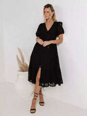 Casual Puff Sleeves Lace V-Neckline Short Sleeve Illusion Sheer Layered Midi Dress