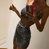 Rhinestone Glitter Sleeveless Square Neck Crop Top High Waist Mini Skirt Sets