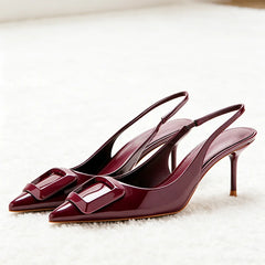 Pointed Toe Patent Leather Pumps Cozy Elastic Strap Slingback Design Stiletto Heel