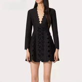 Patchwork Bowknot V Neck Long Sleeve High Waist Slimming Solid Mini Dress