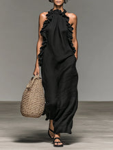Women's Minimalist Linen-blend Sleeveless Maxi Dress With Ruffle Details MDZ1622A0Y
