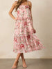 Bohemian Floral Print Sleeveless V-Neckline and Tiered Ruffle Hem Midi Dress
