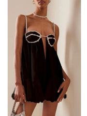 Backless Diamond Drawstring Square Collar Solid Color Mini Party Dress