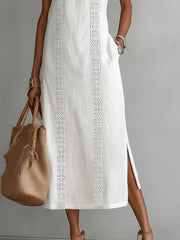 Women's Relaxed Embroidered Mandarin Collar Midi Dress