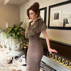 Luxury Ruched Fur Collar V Neck Sleeveless Bodycon Maxi Dress