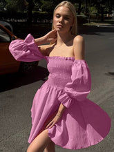 Casual Pleated Slash Neck Short Sleeve Loose Cotton Mini Dress