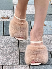 Fur Slippers Peep Toe Gladiator Sandals Dress Pumps Wedge Shoes