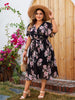 Boho Floral Print A-line Surplice Neck Butterfly Sleeve Belted Plus Size Midi Dress