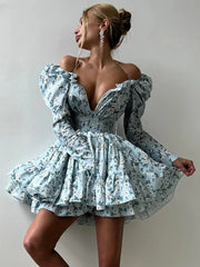 Elegant Loose Print High Waist Pleated V-Neck Long Sleeve Mini Dresses
