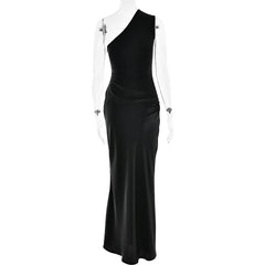 Elegant Patchwork Satin One Shoulder Sleeveless Maxi Dress