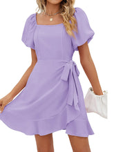 Casual Square Neck Ruffle Short Sleeve Loose Polyester Mini Dress