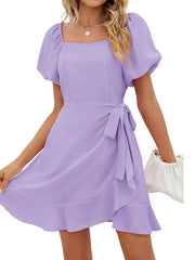 Casual Square Neck Ruffle Short Sleeve Loose Polyester Mini Dress