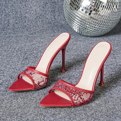 Sequin Fabric Mesh Hollow Out Pointed Toe Slippers Elegant Thin High Heel
