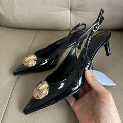 Metal Decoration Brand Pumps High Quality Black Patent Leather Kitten Heel