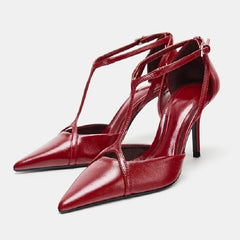 Pointed Toe Patent Leather Pumps Elegant Ankle Strap Buckle Design Thin High Heel