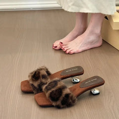 Faux Fur Mules Slippers Pointed Toe Slip-On Thin Heel