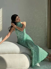 Chic Glitter Sequins Backless Halter Lace Up Bodycon Maxi Dress