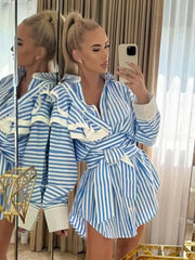 Classic Lapel Long Sleeve Lace-Up Loose Stripe Mini Dress