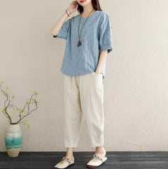 2Pcs Solid Short Sleeve Blouse Pants Office Lady Cotton Linen Set Casual Loose Tops And Trousers Sets