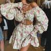 Casual Lace Hollow Out Slash Neck Long Sleeve A-line Print Off Shoulder Mini Dress