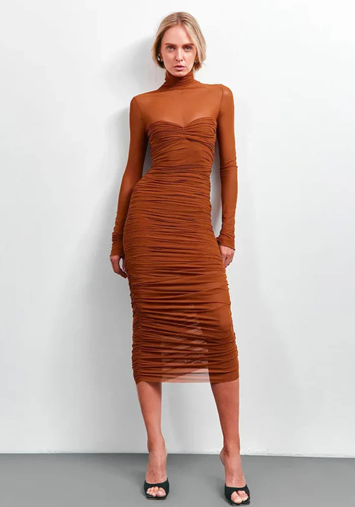 Elegant Mesh Patchwork Elastic Solid High Neck Long Sleeve Dress