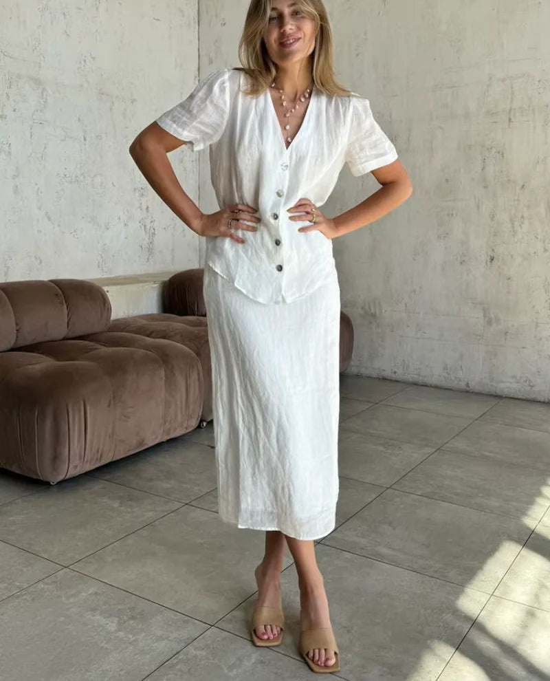 Short Sleeve Shirt With High Waist Loose Cotton 2 Piece Midi Skirt Set