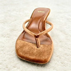 High-quality Brown Velvet Kitten-heel Slippers Square-toe Clip-toe Beach Flip-flops Luxury Brand Designer Shoes