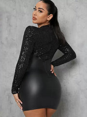 Casual Jewel Neck Sequins Long Sleeves Pencil Bodycon Dress