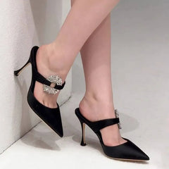 Designer Pointy Pinheel Rhine-Diamond Chain Satin Top High Heel
