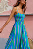 Casual Spaghetti Strap Printing Stripe Long A-line Beach Style Maxi Dress