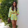 Casual Slim Fit Linen Print Knot Decoration Top And Shorts 2 Pieces Set