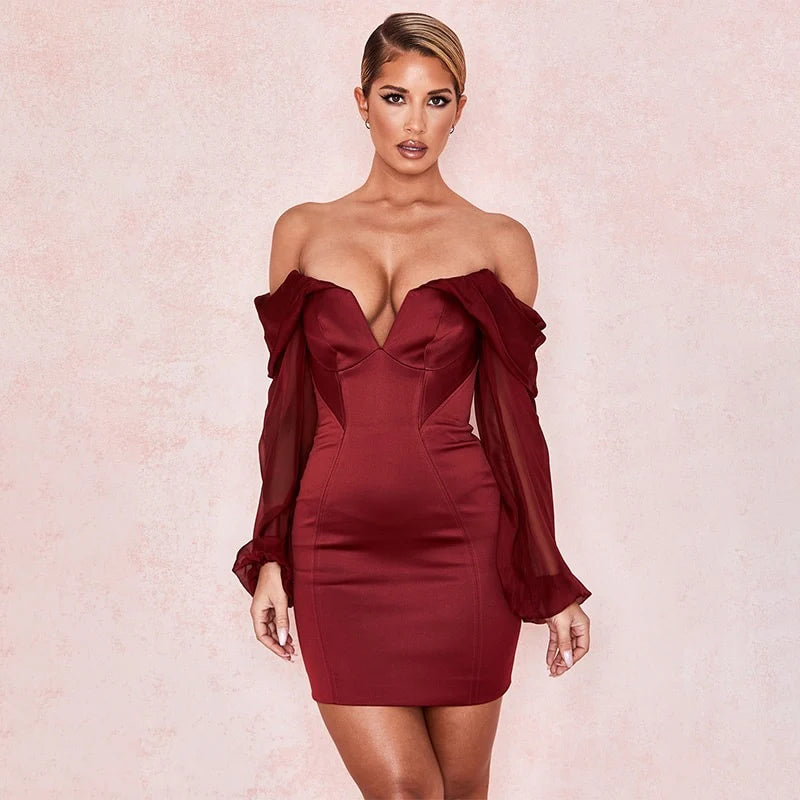 Lace Slash Neck Long Sleeve Off Shoulder Mini Party Club Dress