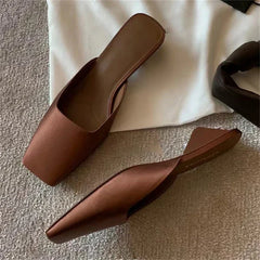 High Quality Silk Square Toe Mules Slipper Concise Low Heel
