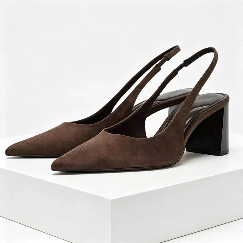 Brown Faux Suede Chunky Pumps Pointed Toe Slingback High Heel