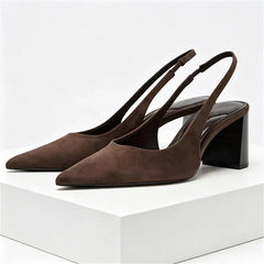 Brown Faux Suede Chunky Pumps Pointed Toe Slingback High Heel