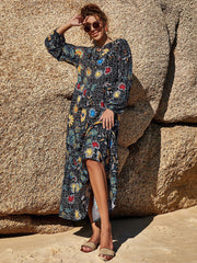 Long Sleeves Floral Print Jewel Neck Cotton Floor Length Dresses